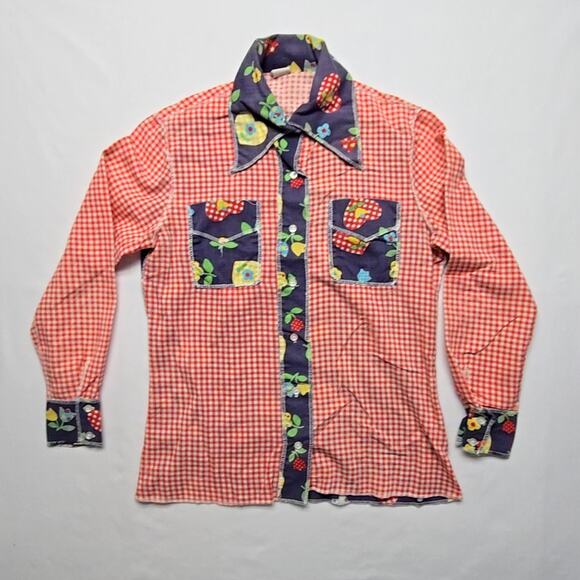Vintage Tops - Vintage Floral Patchwork Shirt Red Gingham Long Sleeve Retro Medium Blouse 70s